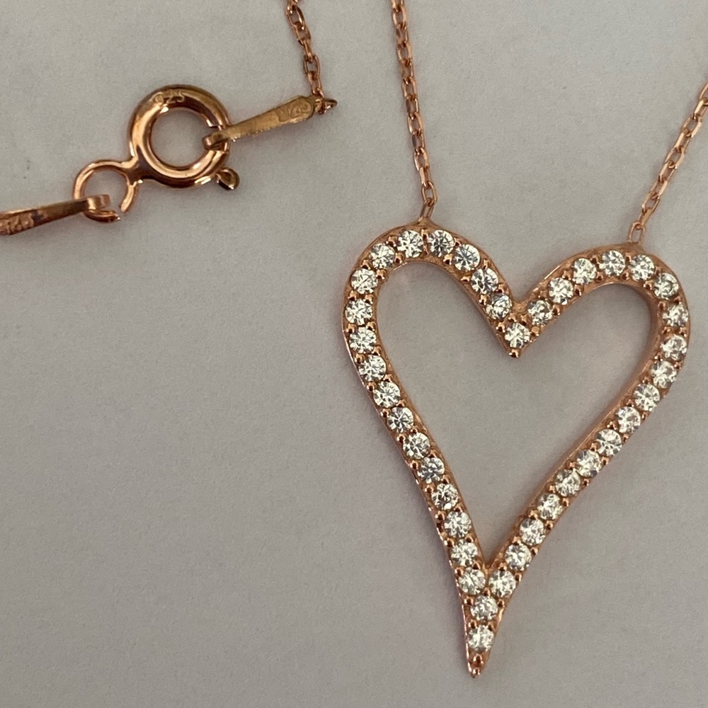 💖925 Silver necklace heart love cz stones 14k rose gold plated - Picture 3 of 4
